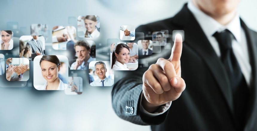Businessman finger touches virtual buttons